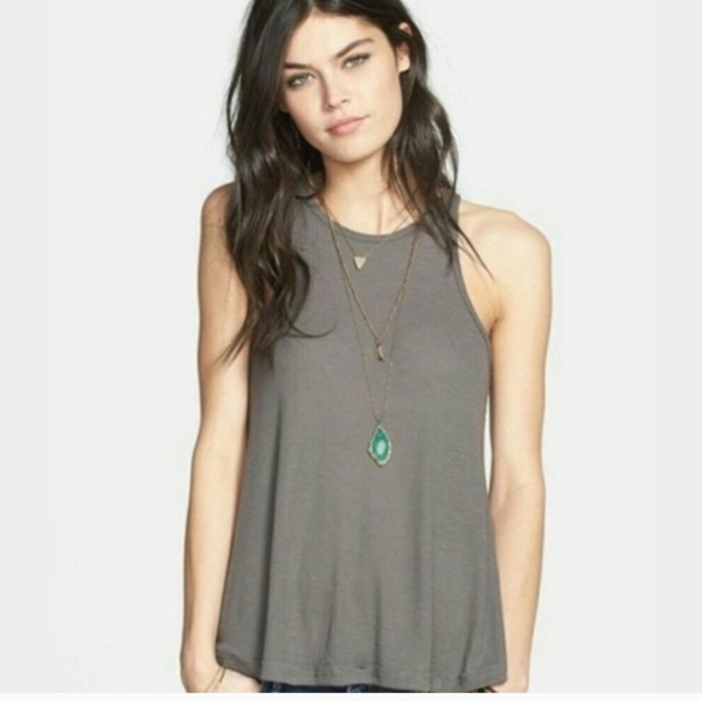 Free People Long Beach Tank Top Grey Ribbed Muscle Tee Longline Large L